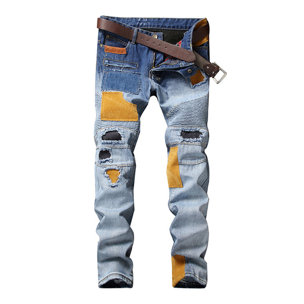 Hole Zipper Patchwork Denim Jeans For Men Biker Skinny Ripped Blue Jeans Punk Mens Fashion Designer Pants Clothing