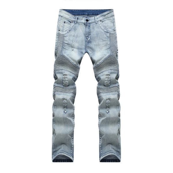 Wholesale-male Biker Jeans destroyed denim fabric elastic Slim Fit Washed Denim skinny Pants Joggers Skinny Men ripped trousers