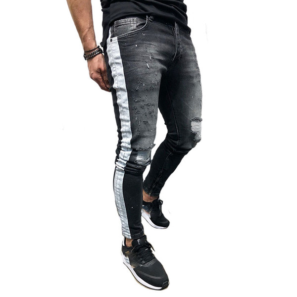 Ripped Striped Jeans For Men Stretch Slim Fit Skinny Denim Pants Hip Hop Style Trousers