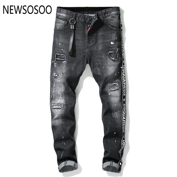 European American Style famous brand mens jeans luxury Men straight denim trousers zipper Patchwork Slim black jeans for men