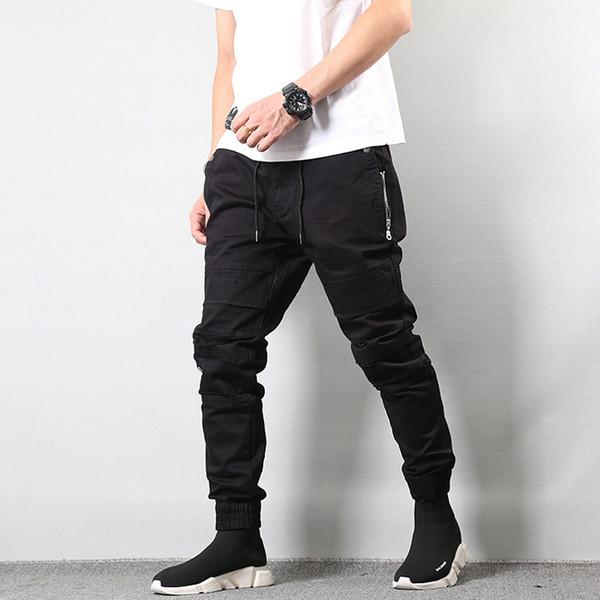 Japanese Style Fashion Mens Jeans Jogger Pants Destroyed Drawstring Ripped Jeans Cargo Pants Homme Streetwear Hip Hop Men