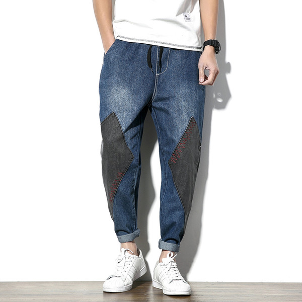 Men Jeans Skinny Spliced Washed Pleated Casual Retro Fashion Spring Summer Man Denim Jeans Pants Slim Patchwork Drawstring M-5XL