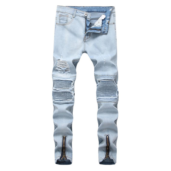 Fashion Skinny Men Jean Slim Elastic Washed Ripped Hole Hip Hop ZipperPants Men's Blue Denim Biker Jeans Plus Size