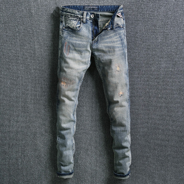 Fashion Streetwear Men Jeans Retro Washed Slim Fit Ripped Jeans Distressed Pants Embroidery Designer Vintage Classical Men