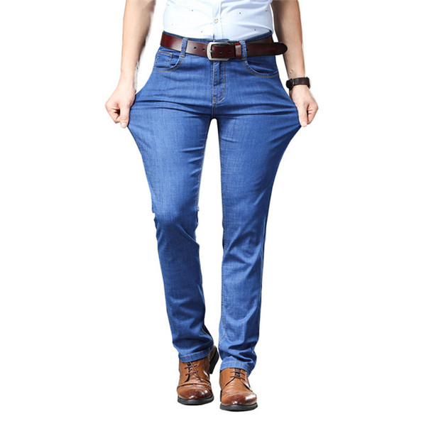 Plus size 40 42 44 46 Stretch jeans 2019 New Summer Thin blue Trousers Slim fit Straight Business Casual Denim Pants,Y1836