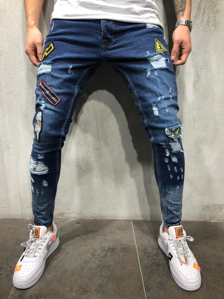 Fashion Male Hole Badge Embroidery Denim Trousers Pants Mens Streetwear Hiphop Skinny Casual Patch Jeans