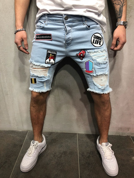 Slim Jeans Shorts Men Brand Ripped Summer Capri Men's Fashion Biker Casual Elasticity Distressed Hole Knee Length Blue Denim Short Jean