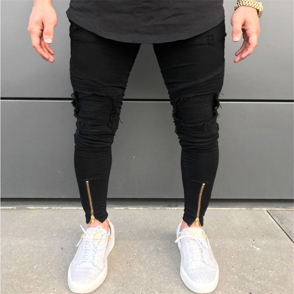 Ankle Zipper Design Hi-Street Mens Black Ripped Jeans Men Fashion Male Distressed Skinny Jeans Destroyed Denim Jeans Trousers