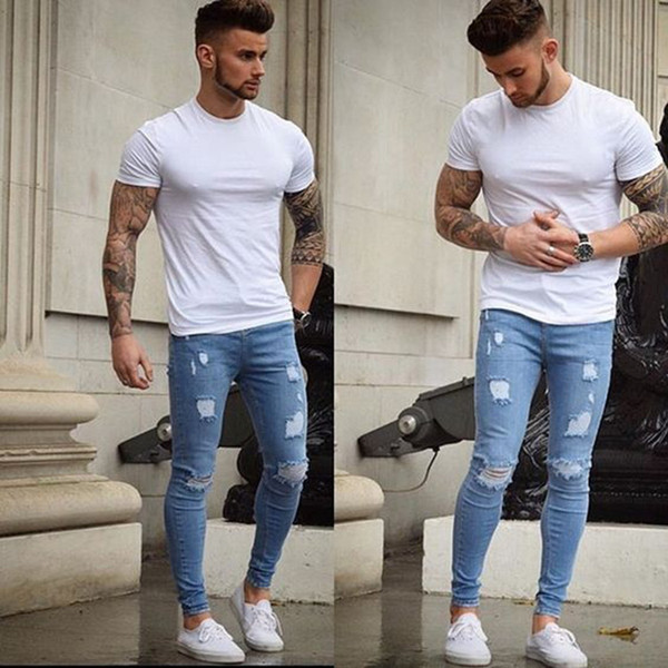 New Men's Skinny Jeans Men Slim Fit Pencil Pants Ripped Hole Stylish Jeans S-XXXL Fashion Straight Trousers for Men