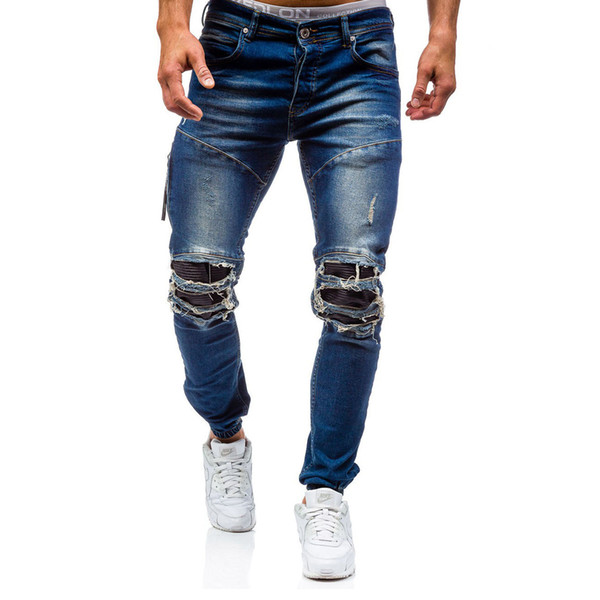 Dark Blue Skinny Ripped Jeans for Men Big Hole Distressed Repaired Tight Pant Slim Fit Stretch Dark Washed Jeans