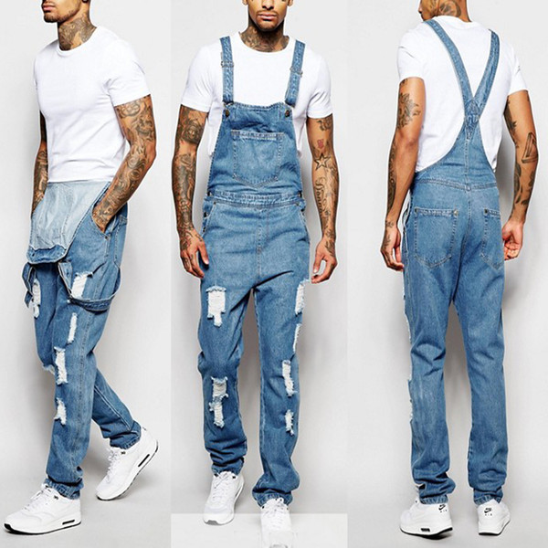 Fashion Men's Ripped Jeans Jumpsuits Distressed Hole Denim Cowboy Bib Overalls Trousers Male Skinny Slim Pants Plus Size S-3XL