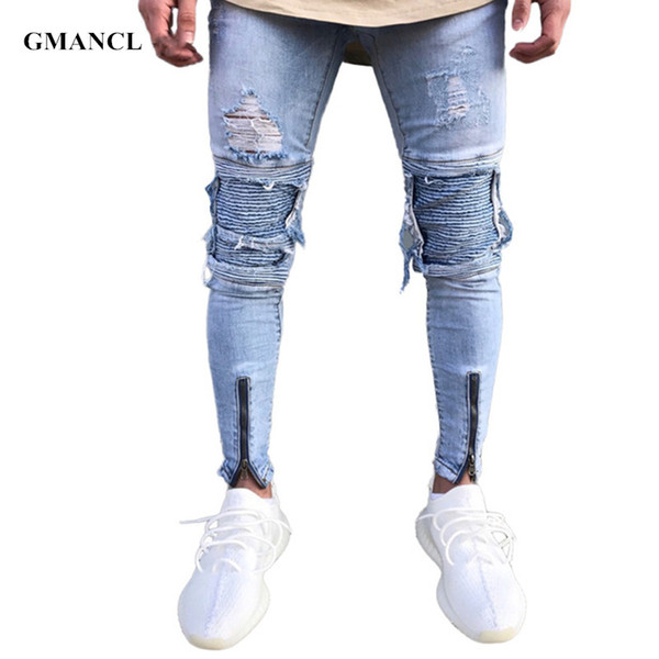 GMANCL Brand Designer Skinny Ripped Jeans Men Hi-Street Mens Distressed Denim Joggers Knee Holes Washed Destroyed biker Jeans