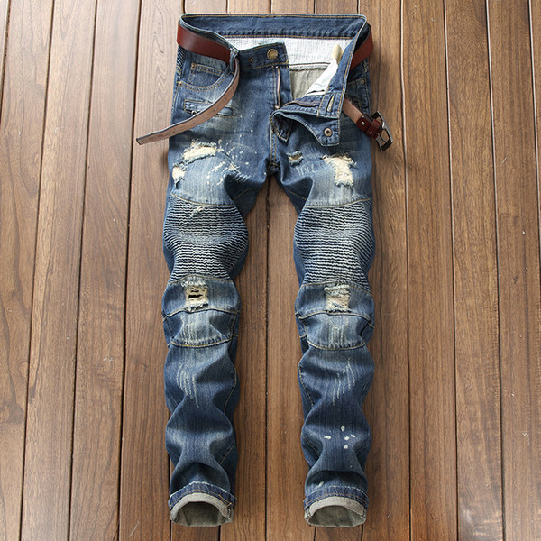 Night Club Button Biker Jeans Men Hole Denim Blue Ripped Jeans Distressed Trousers High Quality Cotton Plus