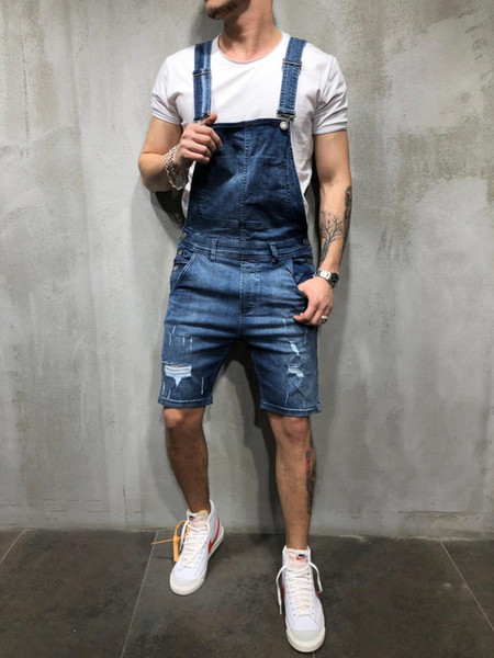 Short Ripped Jeans Jumpsuit Men Fashion Streetwear Hole Denim Overalls Summer Male Casual Pockets Vintage Jeans