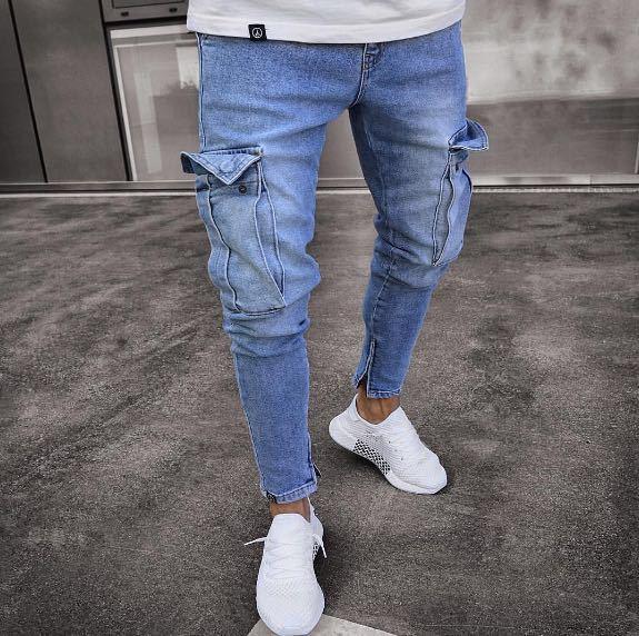 Men's Fashion Vintage Ripped Poket Jeans Super Skinny Slim Fit Zipper Denim Pant Destroyed Frayed Trousers Cartoon Gothic Style Pants