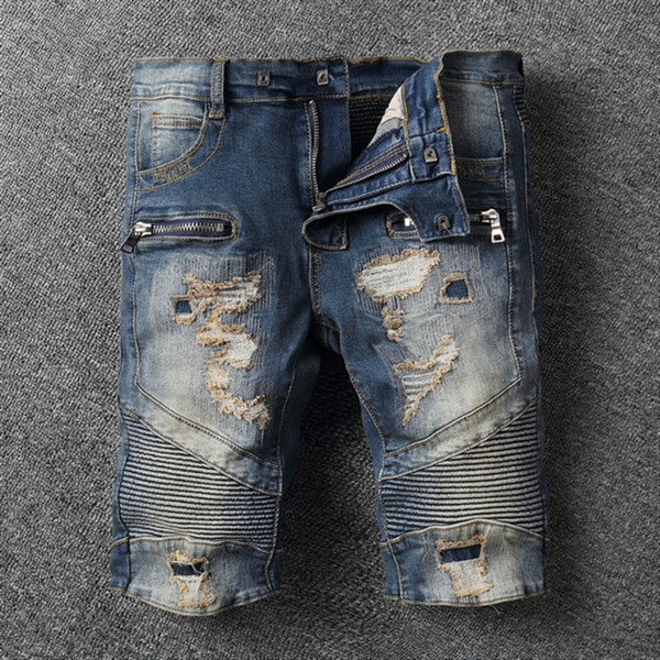 2018 Skinny Shorts Jeans Men Fear Cool Street Mens Jeans Stretchy Ripped Biker Ruched Destroyed Pleated Denim Shorts