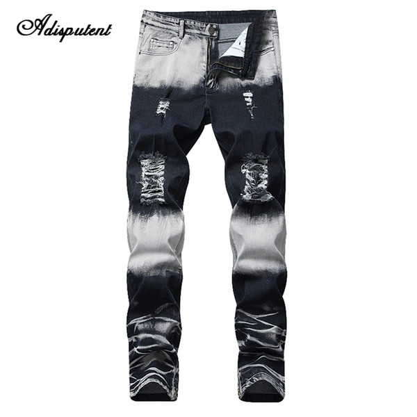 Adisputent 2019 Mens Straight Jeans Distressed Denim Biker Ripped Slim Fit Whitening Jeans Hole Tapered Leg Fashion Trousers