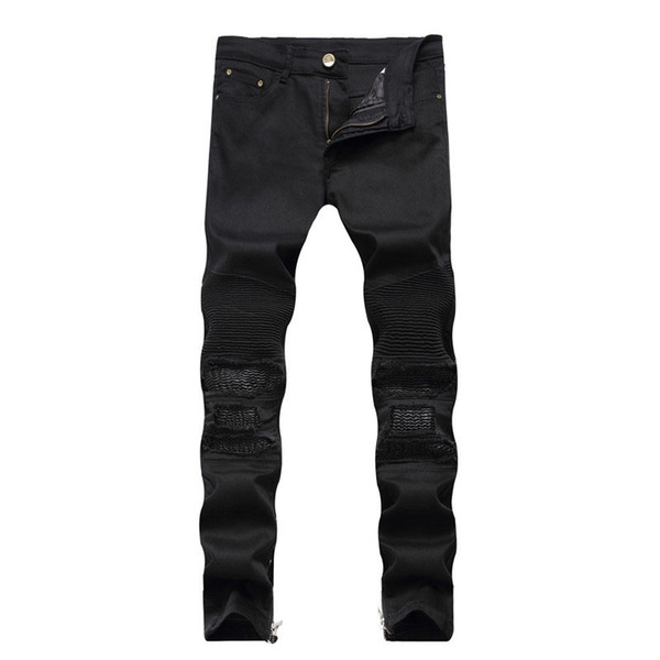 Men Jeans Patchwork Biker Red Black 2 Color Hip Hop Slim Fit Motorcycle Jeans Ripped Skinny Hole Zipper Denim Pants