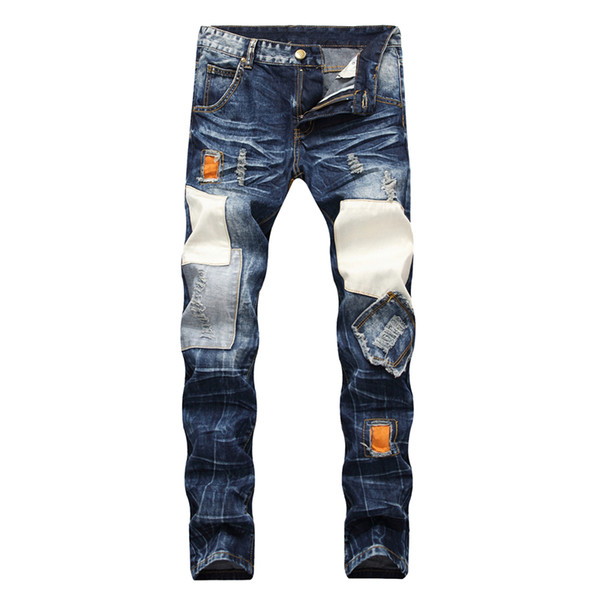 2019 New Men Jeans Personality Badge Patchwork Ripped Biker Jeans Retro Hole Denim Straight Slim Casual Pants Dropshipping