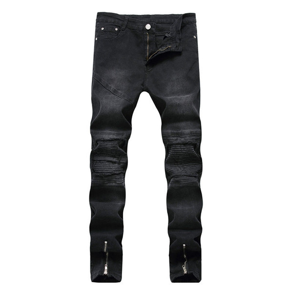 2019 HotSale High Street Men Jeans Hole Distressed Ripped Skinny Biker Jeans Denim Fashion Zipper Hip Hop Elastic Black Pants