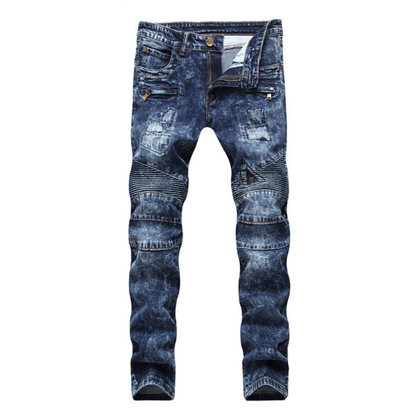 High Quality Men Jeans Ripped Snow Washed Male Fashion Slim Fit Pleated Jeans Blue Zipper Straight Denim Pants