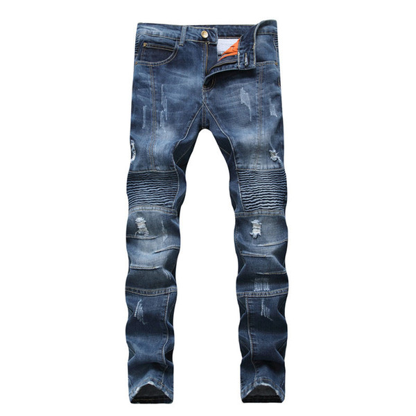 Men Jeans Distressed Stretch Ripped Biker Jeans Pleated Hip Hop Slim Fit Punk Casual Cotton Denim Pants