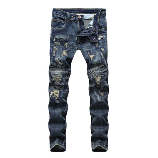 Men Jeans Biker Distressed 2019 New Arrive Fashion Hip Hop Slim Fit Zipper Ripped Denim Trousers Male Pleated Zipper Hole Pants