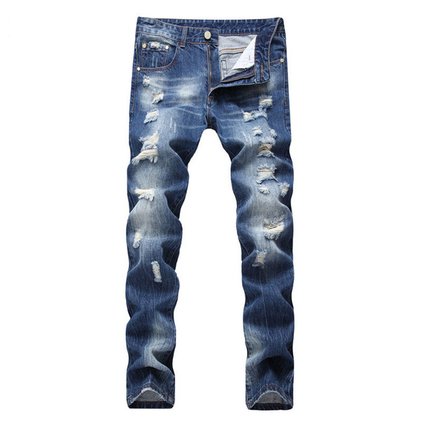 2019 Arrive Mens Biker Ripped Jeans Slim Straight Distressed Smart Casual Cotton Blue Denim Pants Trousers