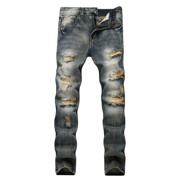 Men's Vintage Ripped Jeans Men Retro Distressed Slim Straight Casual Denim Pants Plus Size 28-42 Holes Trousers