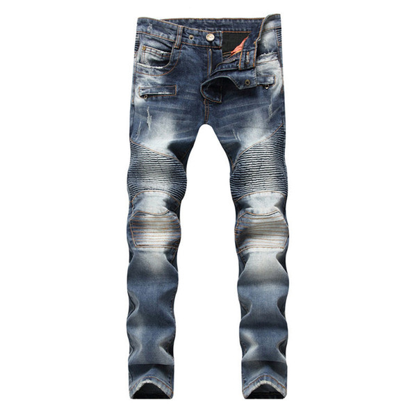 High Quality Men Jeans Fashion Runway Slim Fit Biker Motorcycle Jeans For Men Hip Hop Casual Pleated Pants