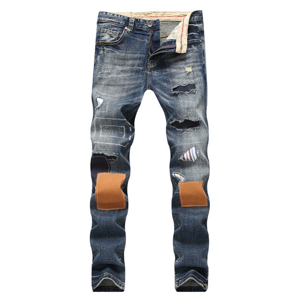 2019 HotSale New Patchwork Jeans Men Ripped Biker Jeans Hole Denim Straight Slim Fit Casual Denim Pants