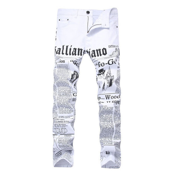 Fashion Stretch Mens Jeans White Letters Printing Men Slim Fit Elastic Casual Denim Pants Printed Plus Size Trousers