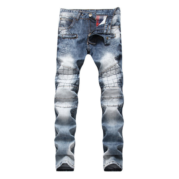 Hot Sale Men Jeans Biker Punk Fashion Blue Patchwork Jeans Hip Hop Slim Fit Motorcycle Ripped Jeans High Street Zipper Pants