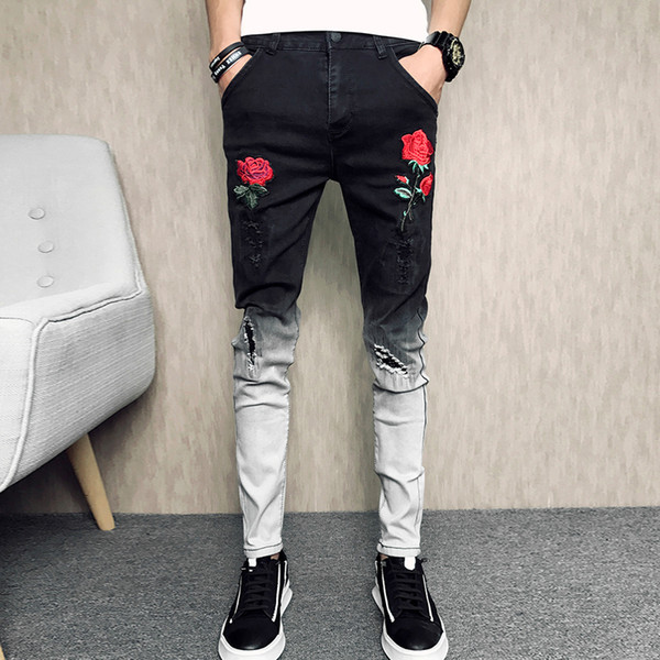 New Arrival Men's Rose Embroidered Slim Jeans Patchwork Fashion Hole Hit Color Jeans Pencil Pants