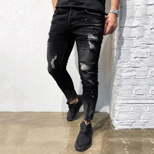 slim fit men jeans bottoms Men Retro Gray Fashion Stretch Denim Pants Distressed Ripped Freyed Slim Fit Jeans