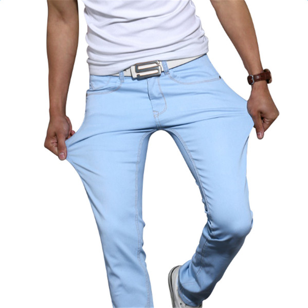 Men Jeans Solid Colors Mid Cowboy Tight Pants Men Elastic Casual Straight Jeans Skinny Stretch Blue Trousers