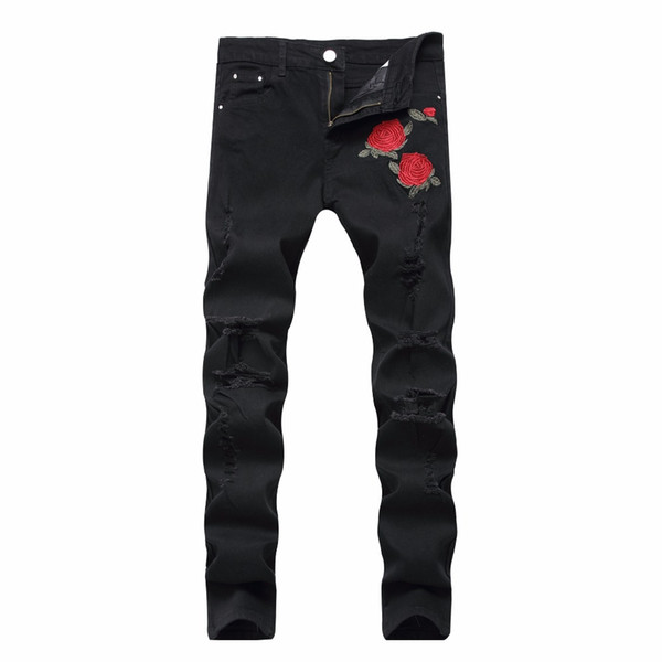 Black Ripped Jeans Men Flowers Rose Embroidered Men's Denim Jeans Stretch Skinny Hole Pants 1855#