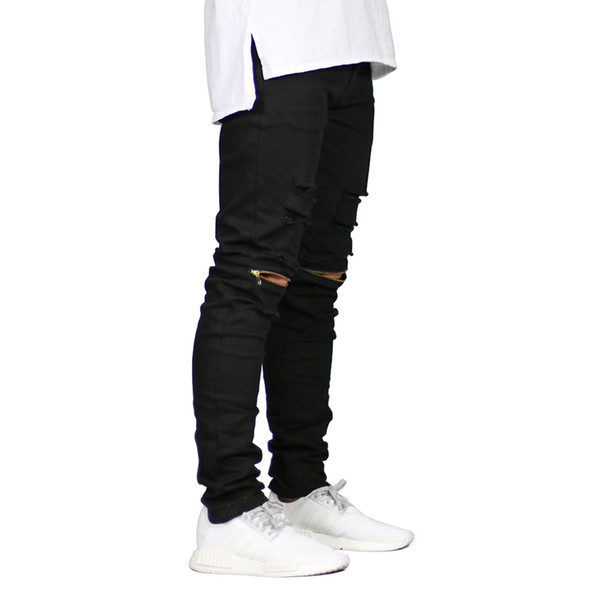 Men Skinny Jeans Ripped Design Fashion Biker Stretch Jeans Zippers Destroyed Hip Hop E5019