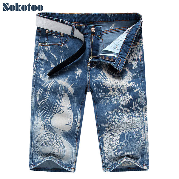 Sokotoo Men's fashion blue girl and dragon print jeans Male casual thin stretch denim knee length shorts Capri