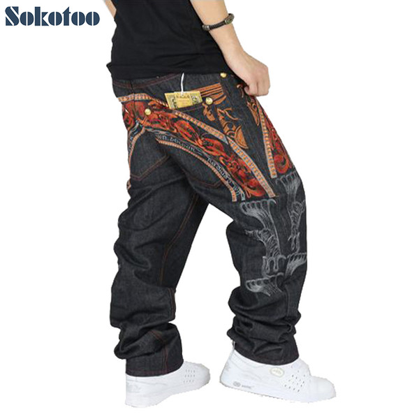 Sokotoo Men's hip hop jeans Cool personality embroidery loose pants Denim streetwear long trousers male