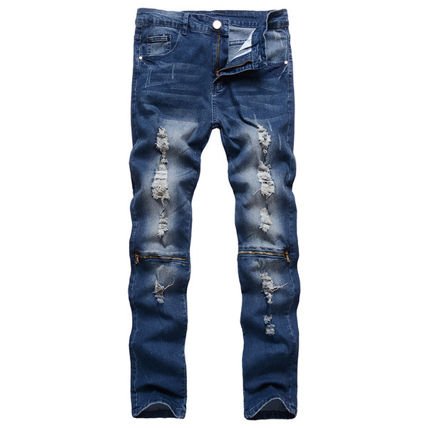 2019 Fashion High Street Men Jeans Hip Hop Broken Hole Zipper Denim Pants Slim Fit Ripped Jeans Men Biker G3P2