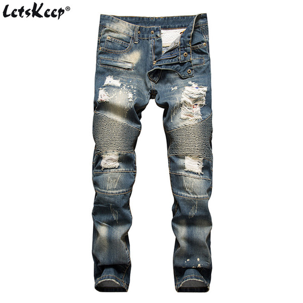 2017 LetsKeep mens ripped biker jeans men print striped skinny motorcycle jeans knee hole destroyed boots slim fit ,MA396