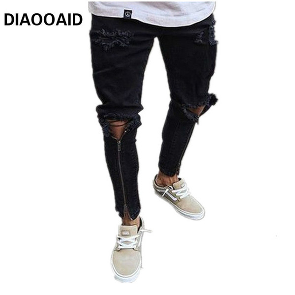 DIAOOAID 2018 Fashion Hot Sale Men's Black Zipper Slim Simple Motorcycle Pants Male Streetwear Ripped Personality Denim Trousers