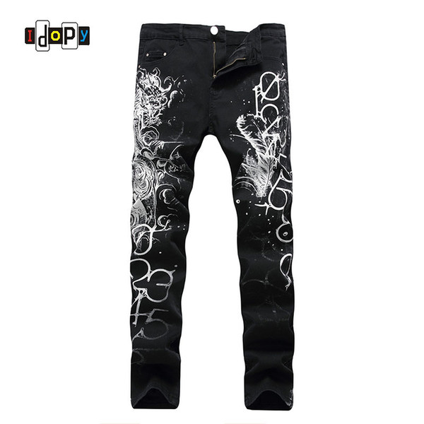 Cool Men`s Dragon Printed Jeans Hip Hop Painted Slim Fit Elastic Black Male Denim Trousers Pants Punk Gothic Jean Jeans For Men