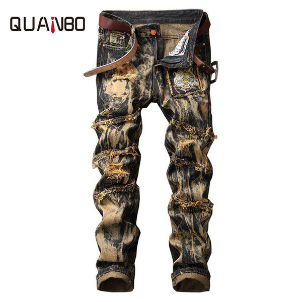 QUANBO Brand Clothing 2018 New Men European and American Style Vintage Ripped Jeans Fashion Animal Pattern Straight Jeans 40 42