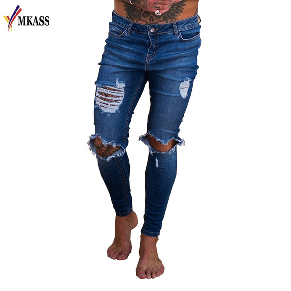 New Brand MKASS New Fashion Men Jeans Stretch Destroyed Ripped Design Fashion Ankle Zipper Skinny Jeans For Men