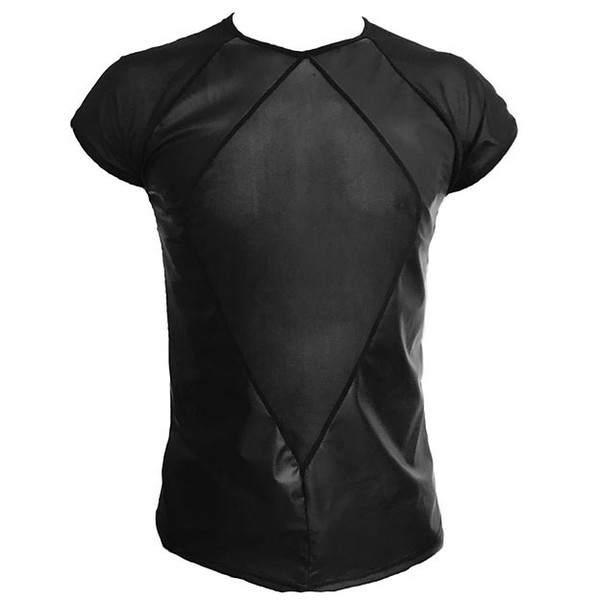 Mens Faux Leather T shirts with Mesh Patchwork Transparent Sleeves Bust Belly Sexy Male Costumes Club Tee tops Fetish Collection