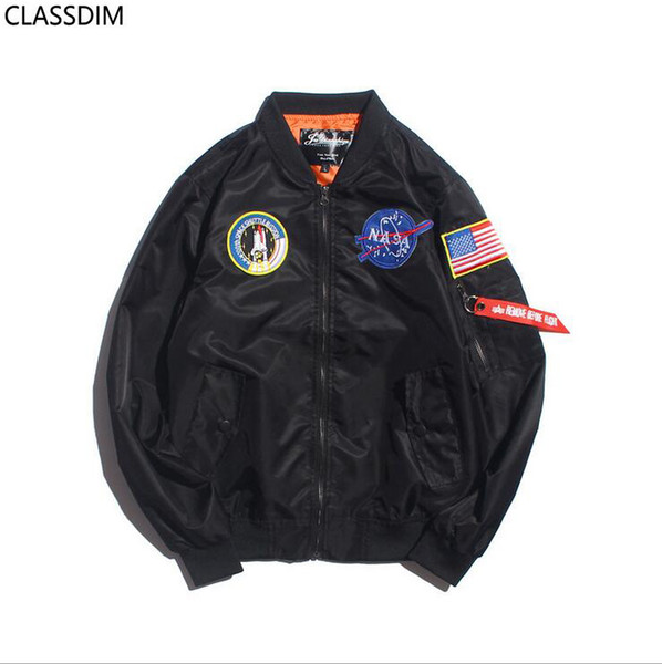 NASA Men Bomber Pilot Jacket American Flag Micro-Elastic Thin Jacket Teen Fashion 3 Color Options Size M-2XL