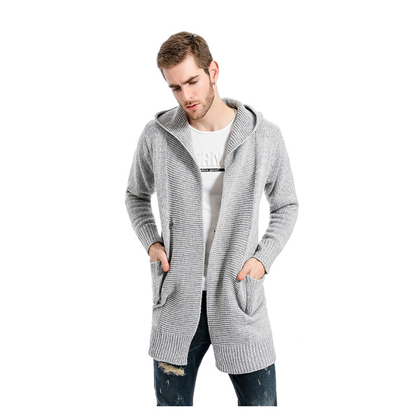 Men's Solid Color Knitted Trench Coat Hooded Men's Casual Loose Fashion Single Button Casual Windbreaker Asian Size M-2XL