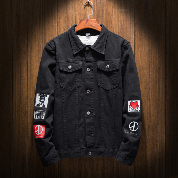 Men's Black Denim Jacket Young Students Fashion Cotton Personalized Printing Simple Popular Street Denim Jacket Asian Size M-5XL